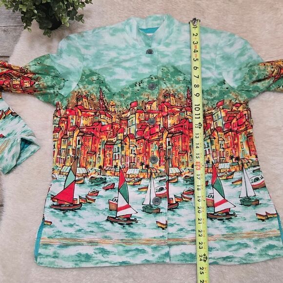 Coldwater Creek Blue with Sailboat Scene Button-Front Linen-Blend Jacket… - Picture 4 of 9